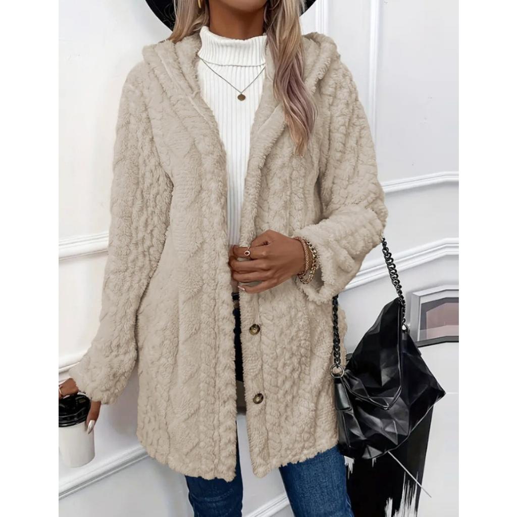 Autumn and Winter Hooded Solid Color Cardigan Button Long Sleeved Casual Fleece Jacket
