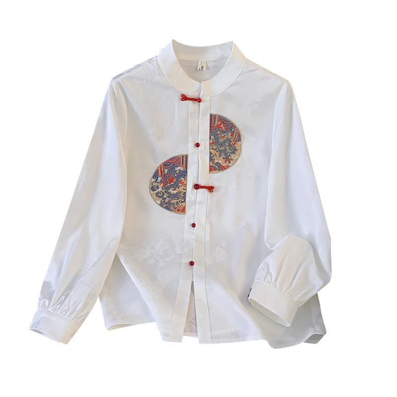 New Hanfu Jacquard Embroidered Long Sleeve Top with Frog Button