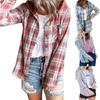 Women Hooded Plaid Shirts Button Down Casual Tartan Hoodie Jacket Blouse Loose Long Sleeve Pullover Sweatshirts Coat