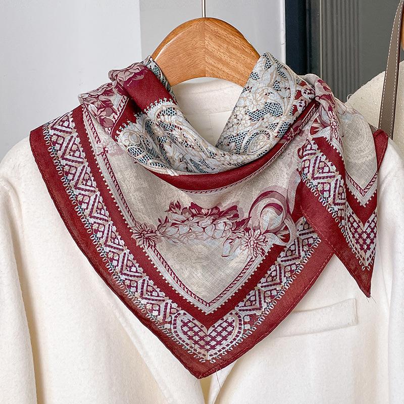 Chinese style burgundy peony silk scarf scarf 71 small square scarf women's spring and autumn double-sided thin scarf mother gift