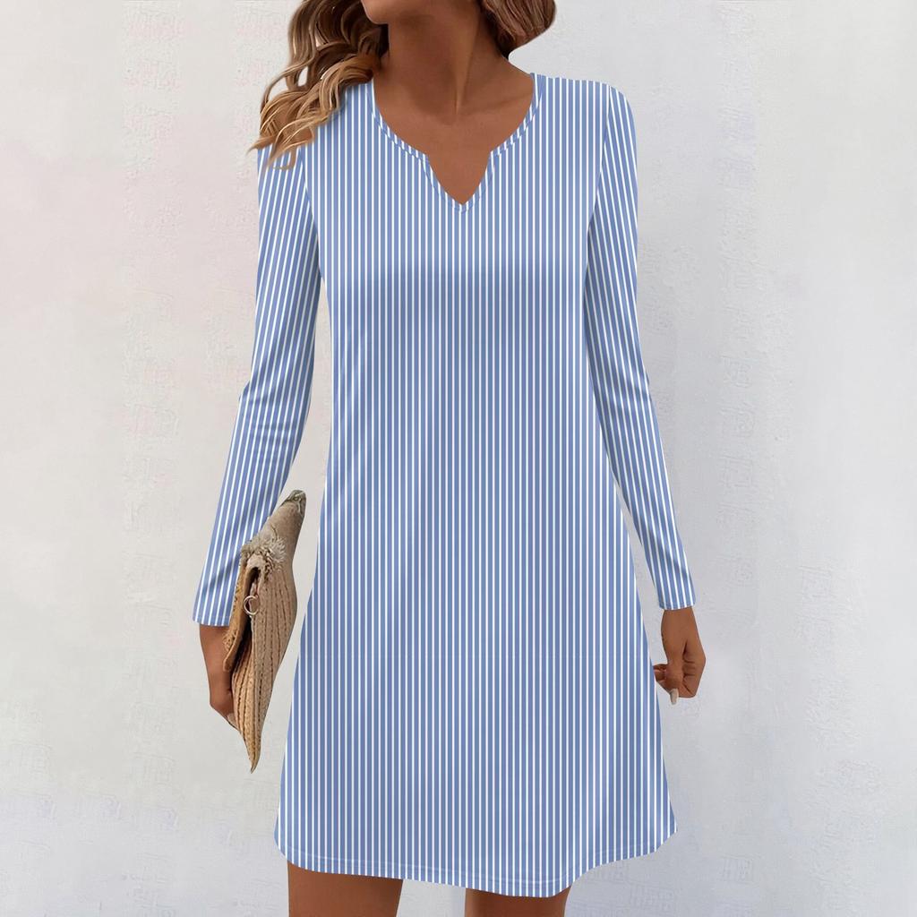 Women's Long-sleeved Casual Midi Dresses V-Neck Print Casual Dress