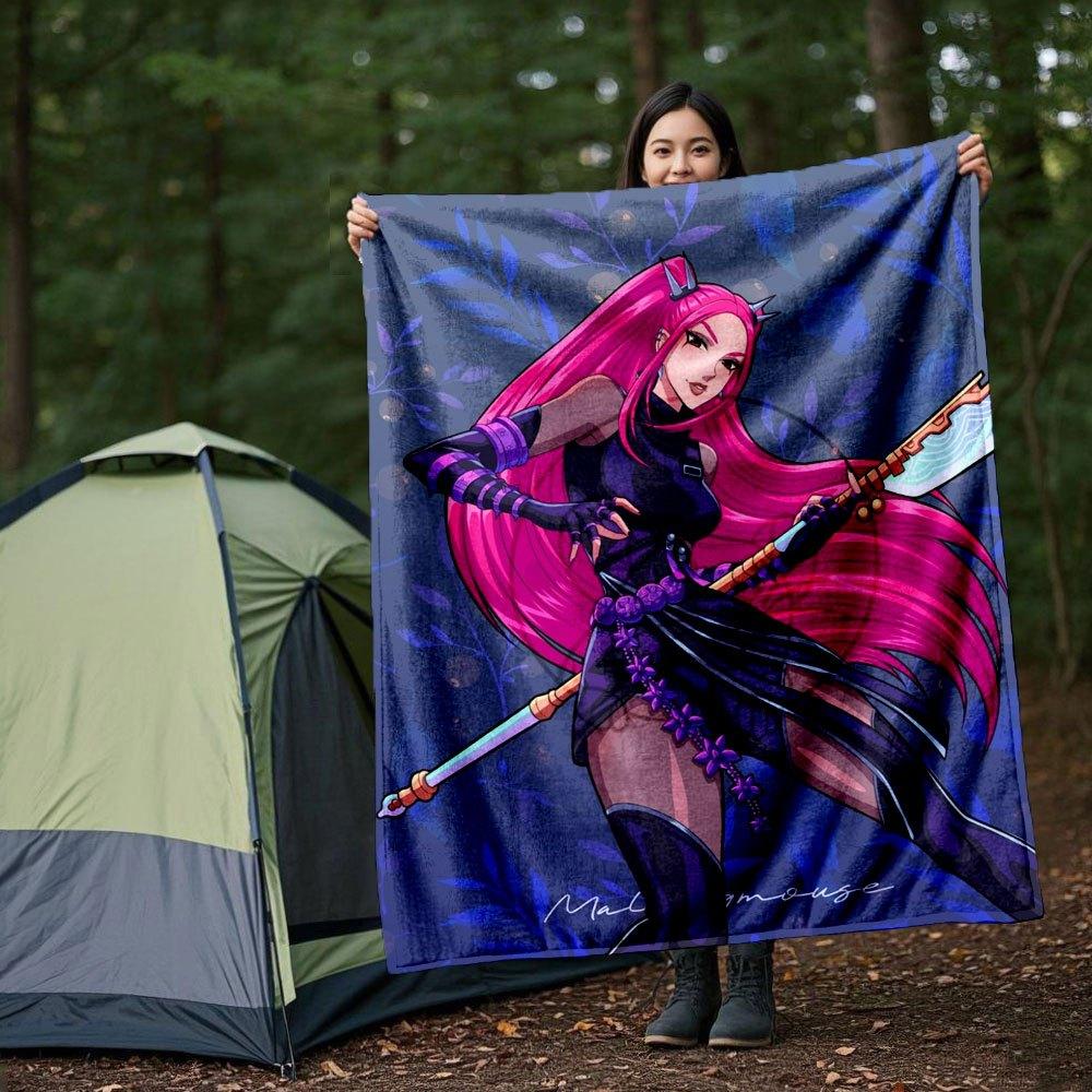 "Fantasy Warrior with Pink Hair and Sword Art Print"Blanket Lightweight Flannel Throw Blanket for Sofa, Bed, Travel, Camping, Livingroom, Of