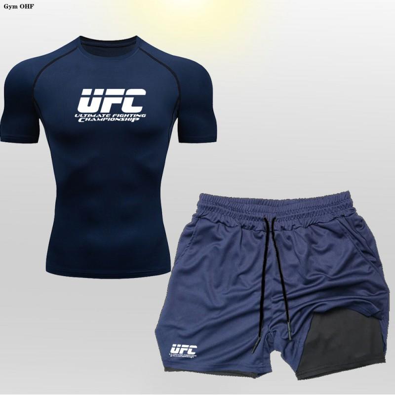 Mens 2-Piece Boxing Training Set - Quick-Dry T-Shirt Double-Layer Shorts MMA Kickboxing Gym Workouts