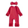 Baby Girl Fall Romper Solid Color Ribbed Ruffled Long Sleeve Crew Neck Full Length Jumpsuit with Bow Headband