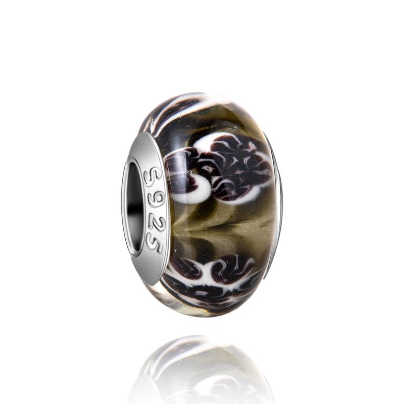 Муранское стекло Серия стерлинговое серебро 925 пробы Медный павлин синий и лепесток цветка Вращается Шарм Подходит для браслета Женские изящные циркониевые аксессуары