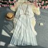 Vintage Long Dresses Women Summer V-neck Half Sleeve Tassel Patchwork A-line High Waist Lace Dress