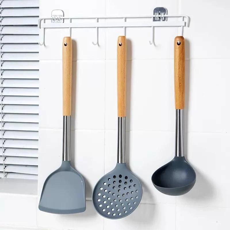 4 шт. кухонных принадлежностей, силиконовые наборы инструментов для приготовления пищи, антипригарная лопатка, лопатка для яиц с деревянной ручкой, сито для лапши, ложка для супа