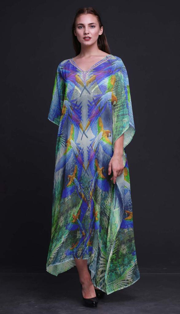 Phagun Branch & Colorful Parrot Bird Long Caftan Maxi Dress Beach Swimwear Cover Up Womens