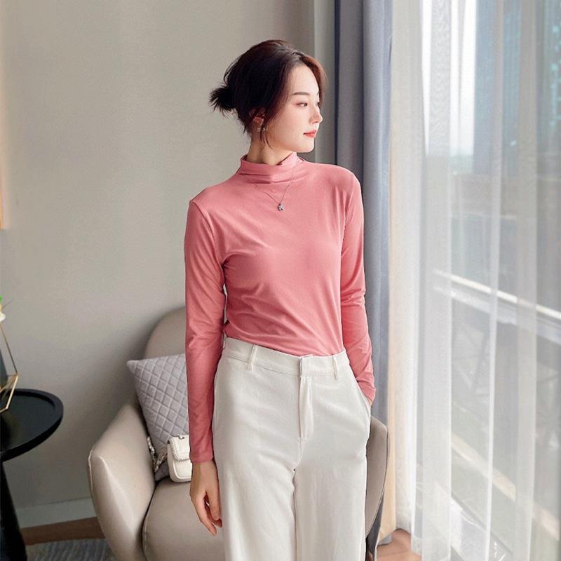 Топ с длинным рукавом на раннюю осень, ощущение обнаженности: Приятный к коже, с высоким воротником, модный девятицветный, японско-корейский тренд, молочный шелк для женщин