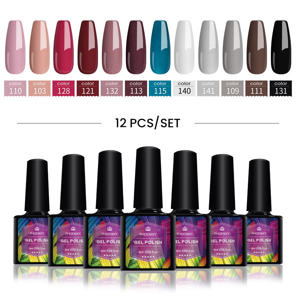 PHOENIXY Набор гель-лаков для ногтей, 12 цветов, набор геля для замачивания с чистым цветом для дизайна ногтей, стартовый набор для начинающих, сделай сам, дома