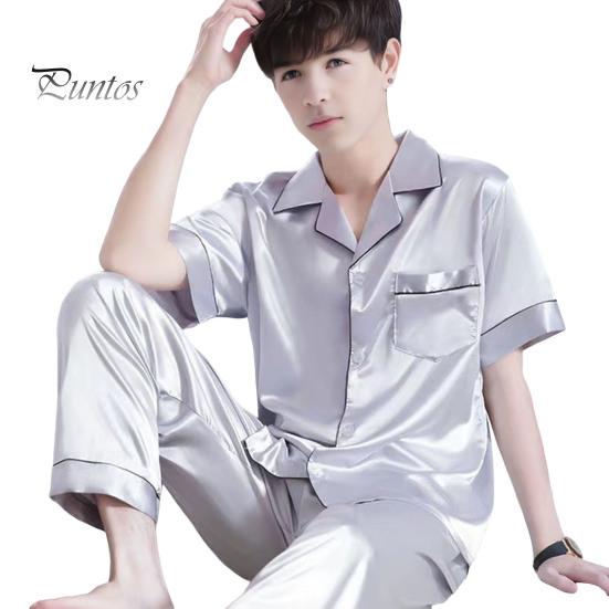 Комплект из 2 предметов: мужская пижама, лацкан, короткий рукав, пуговицы, планка, рубашка, эластичный пояс, широкие длинные брюки, свободный крой, одежда для сна