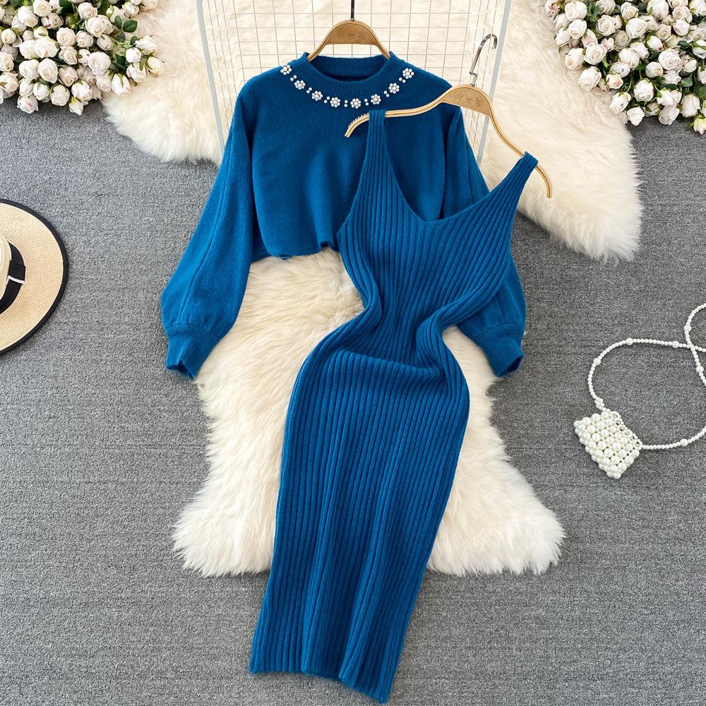 Celebrity Style Round Neck Beaded High Waist Short Open Bellybutton Sweater Two Piece Spicy Girls Knitted Tank Top Dress Women