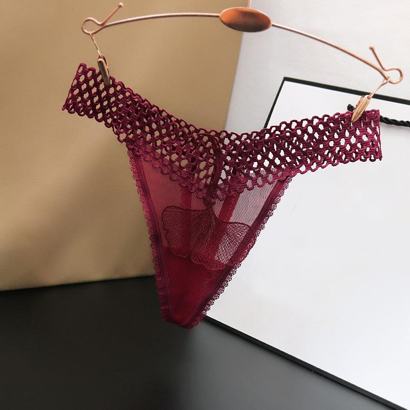 Women Sexy Perspective Ginkgo Leaf Texture Hollow Panties Female Low Waist Pop Pure Color Thong