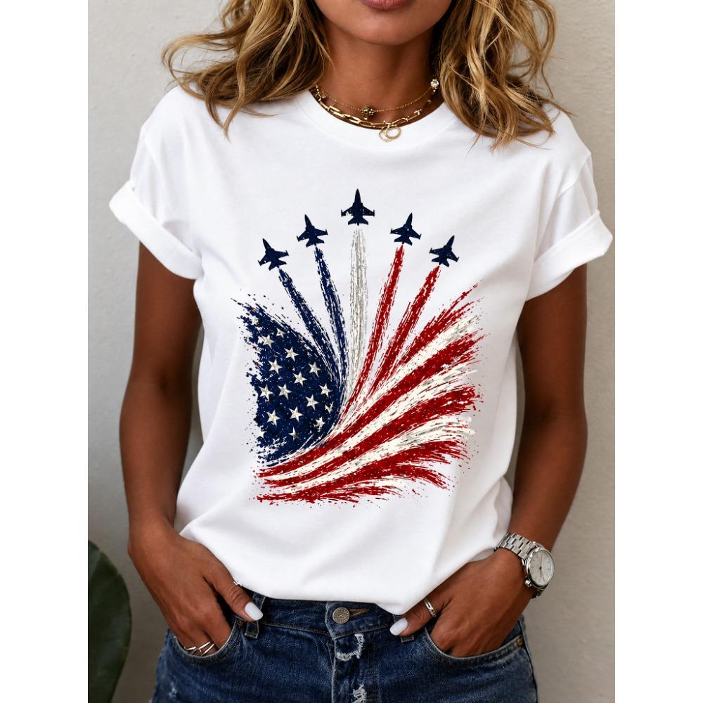 ilstile Womens 4th of July Patriotic T-Shirt American Flag Jet Fighter Print Casual Short Sleeve Crew Neck Independence Day Tops