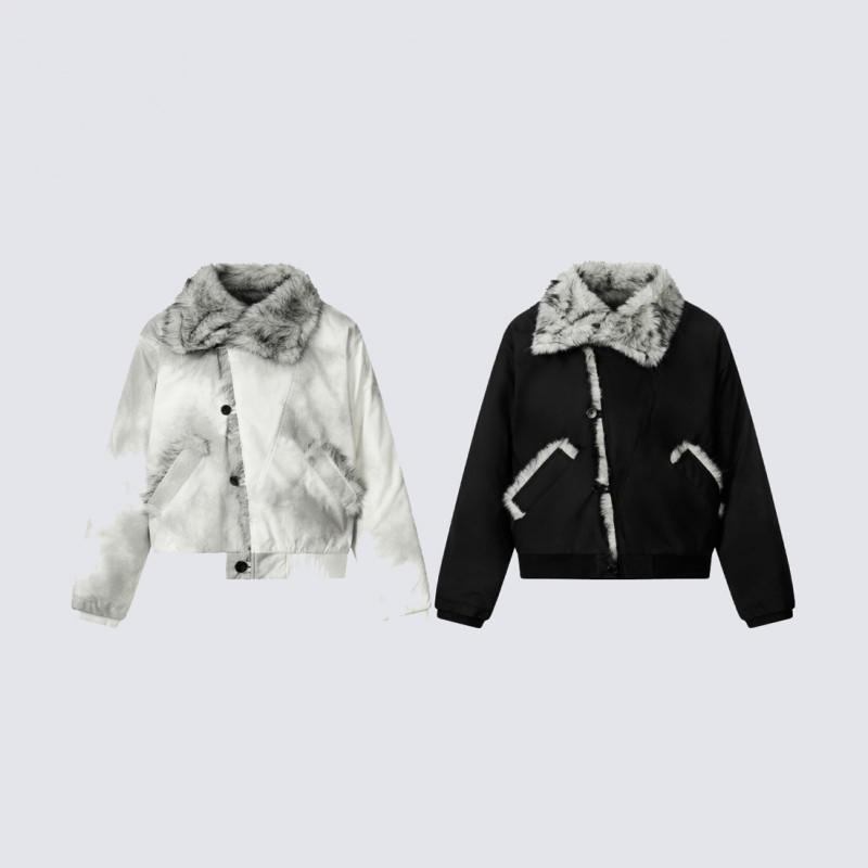 American Streetwear Short Puffer Coat With Faux Fur Collar Men Women Winter Warm Casual Loose Fit
