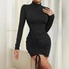 Women Mock Neck Drawstring Front Bodycon Dress Long Sleeve Slim Fit Night Club Sexy Dress