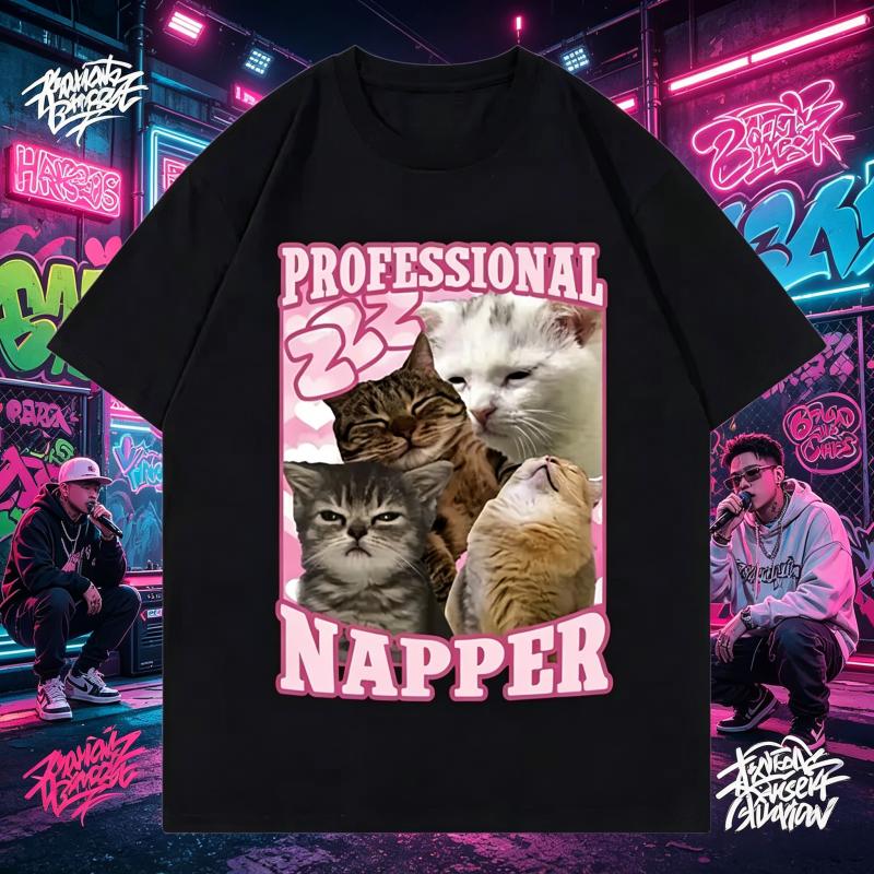 Cute Sleepy Cat Professional Napper Graphic T Shirt Unisex Unisex Y2k Hip Hop Streetwear Funny Kitten Print Black Short Sleeve Tee