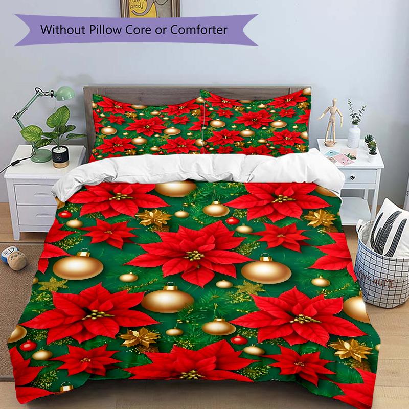3pcs Christmas Poinsettia Bedding Set, Breathable and Soft, Suitable for Bedroom Decor (1*Duvet Cover + 1/2*Pillowcases, No Core) yy250821154