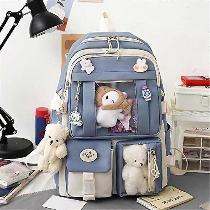 5Pcs Kawaii Backpack Casual Bags Cute Aesthetic Backpacks with Tote Handbag Pencil Pen Case Pouch,with Cute Bear Pendant Pins (Blue)