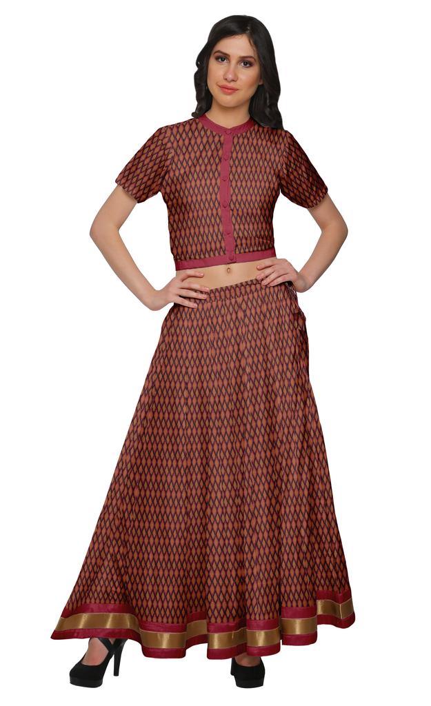 Moomaya Printed Indian Crop Top Skirt Sets Chanderi Women Ethnic Wear Plus