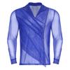 Mens Figure Skating Top Sheer Mesh Glittery Rhinestones Front Ruched Overlay Lapel V Neck Long Sleeve Shirt