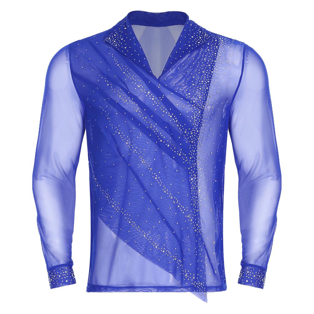 Mens Figure Skating Top Sheer Mesh Glittery Rhinestones Front Ruched Overlay Lapel V Neck Long Sleeve Shirt
