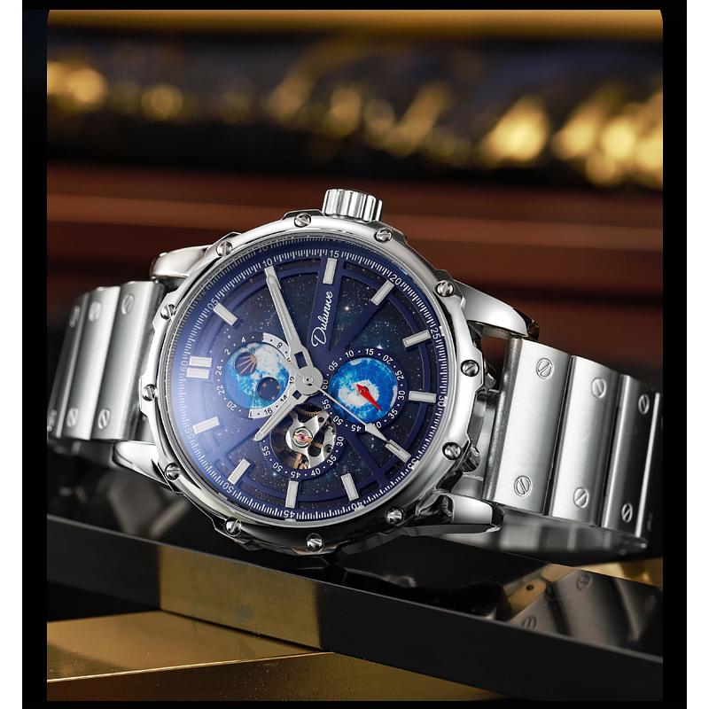 Dulunwe Мужские автоматические механические полые механические часы звездное небо наручные часы водонепроницаемые деловые наручные часы