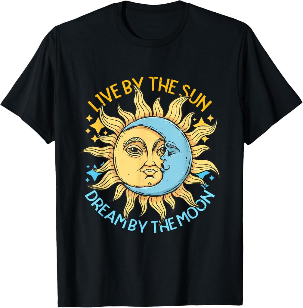 Sun Moon Celestial Graphic Tee Soft Cotton Casual T-Shirt Retro Astrology Style Trip Apparel