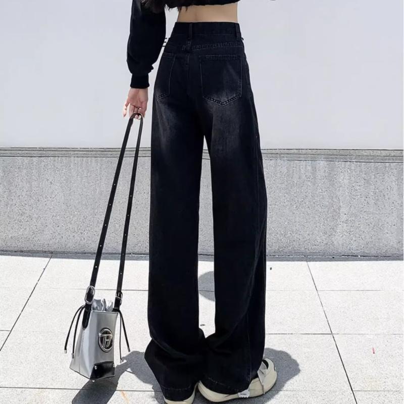 Женские джинсы, осенние новые большие размеры, черно-серые широкие джинсовые брюки с высокой талией, свободные драпированные прямые брюки для мытья полов