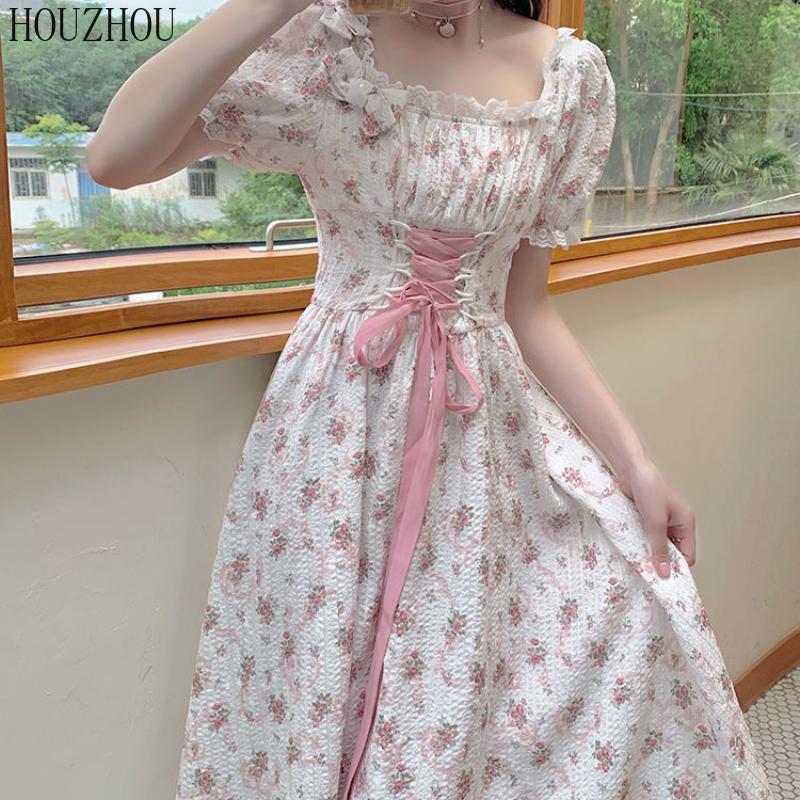 HOUZHOU Платье миди с цветочным принтом для девочек с квадратным воротником и короткими рукавами, корейское милое кавайное элегантное шикарное платье феи