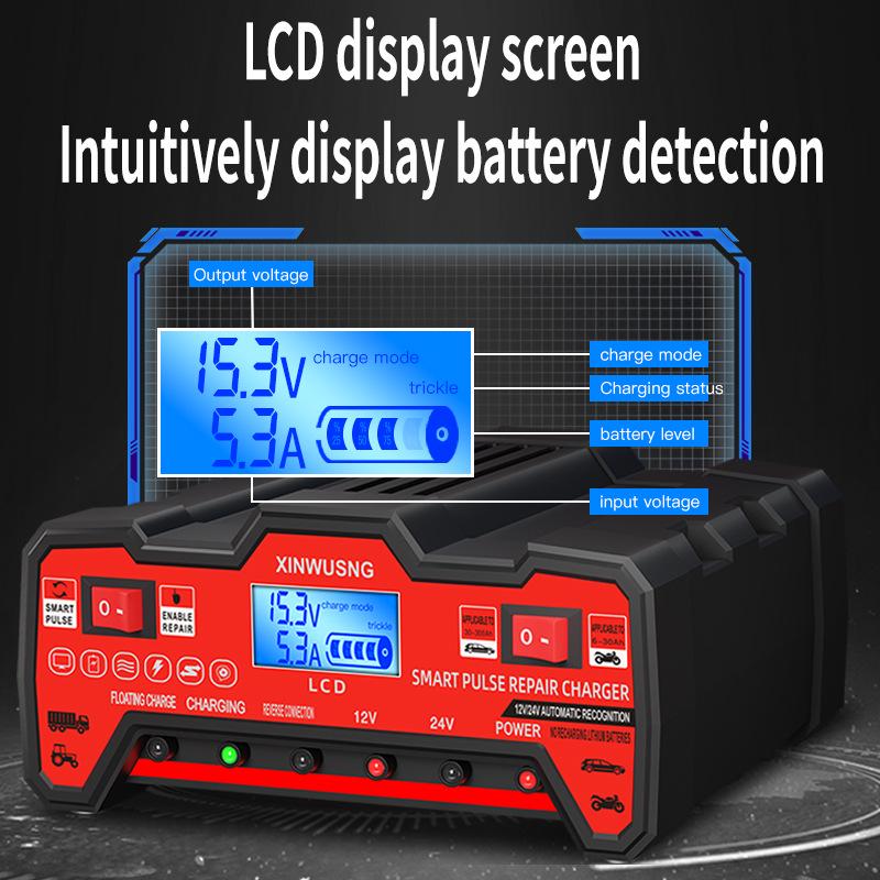 Зарядное устройство для мотоциклетного аккумулятора 12-24 В: Интеллектуальное импульсное восстановление из чистой меди с высокой мощностью