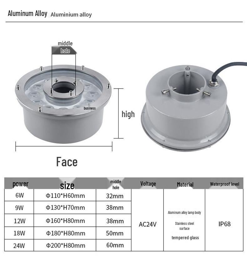 Colorful LED Underwater Fountain Spotlight - 24V Stainless Steel