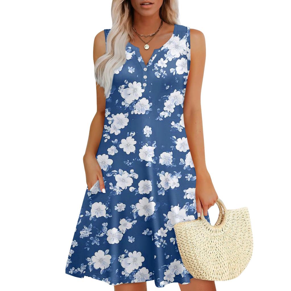 Женские летние платья Свободные сарафаны без рукавов с V-образным вырезом Платье с карманами