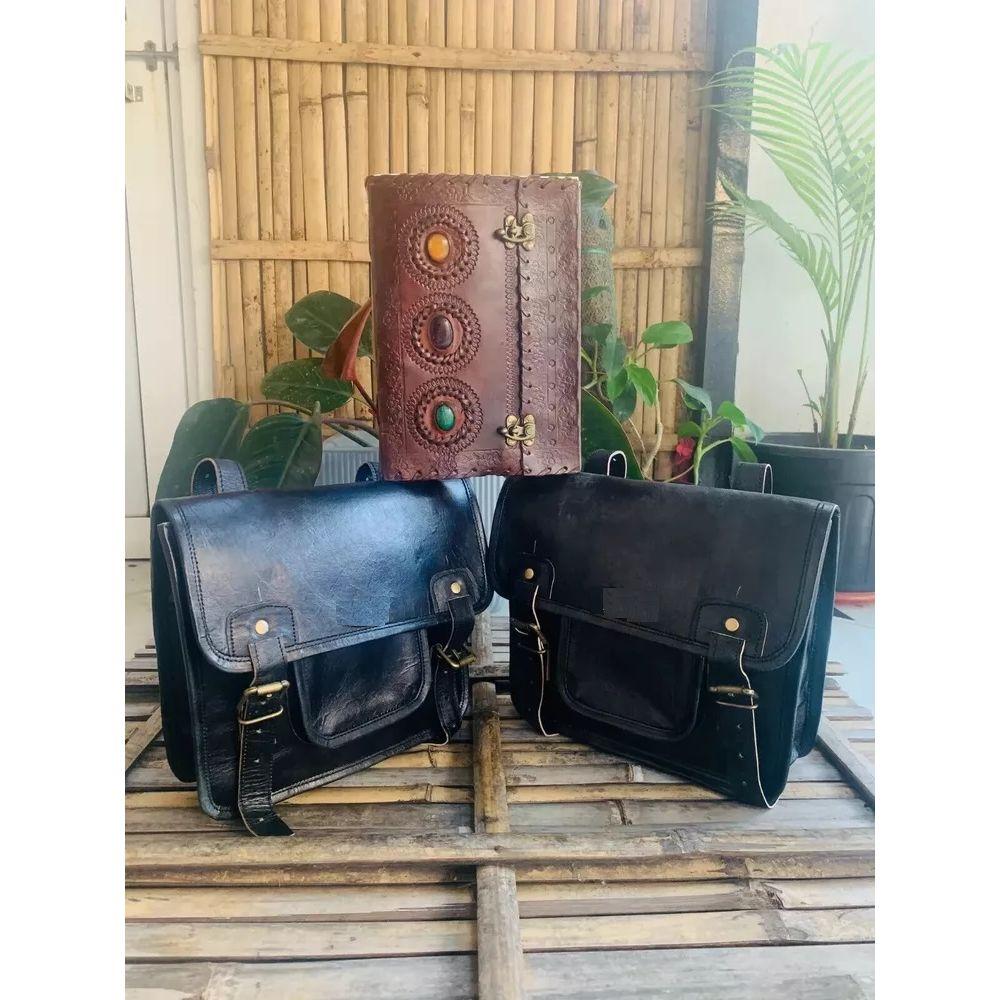 Goat Leather Messenger Satchel Black Motorcycle Black Bag  ( Free Gift Diary Brown Size - 10 X 7  In )