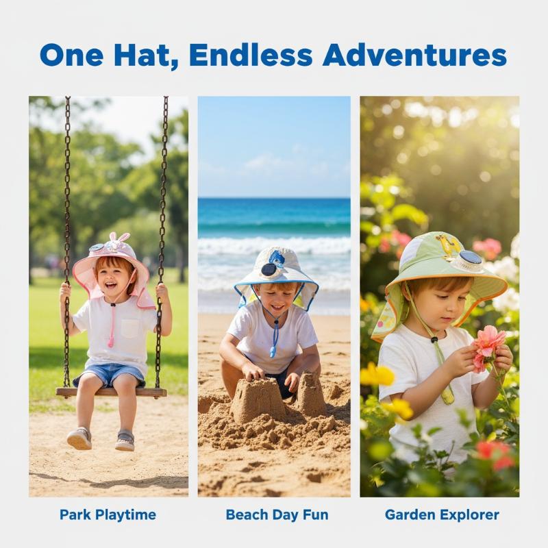 Kids Wide Brim Sun Hat Solar Rechargeable Fan Neck Flap Uv Protection For Summer Beach Activities