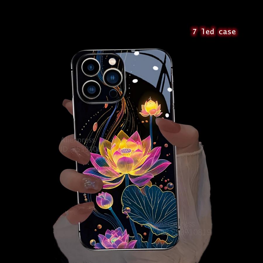 Colorful Lucky Lotus Flash Flower Phone Case For iPhone 13 Case 16 Pro Max 16e 15 11 14 13 12 XR LED Shine Carcasa Glass Cover
