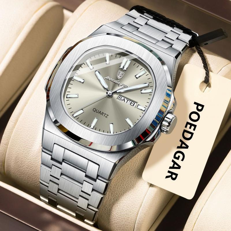 Swiss Style Square Quartz Mens Watch With Luminous Hands 50M Waterproof Stainless Steel Band