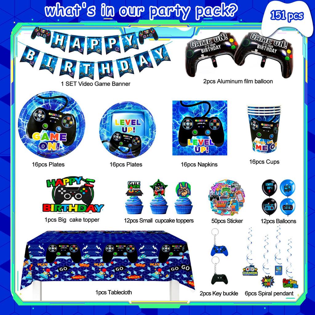 Video Game Birthday Decorations,Video Game Party Decorations&Tableware Set-Plates Cups Tablecloth Balloons Hanging Swirls Etc Party Supplies