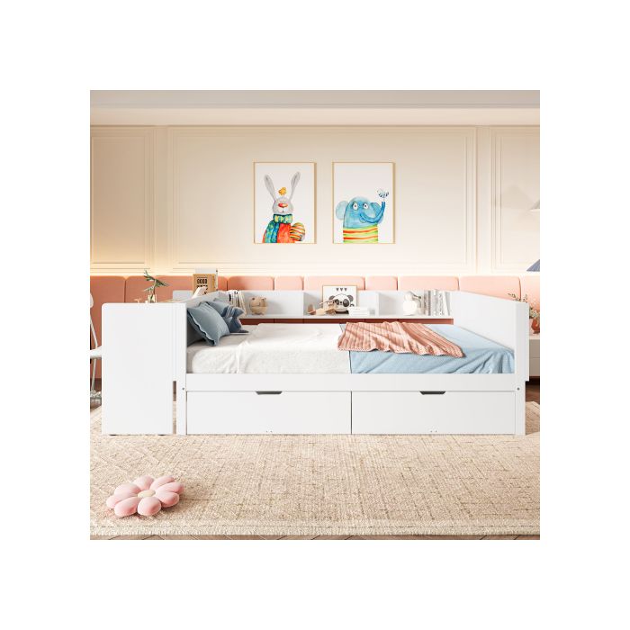 Lit double - MUVOE - 140x200 cm - Bois massif - Bureau à 2 tiroirs - Blanc