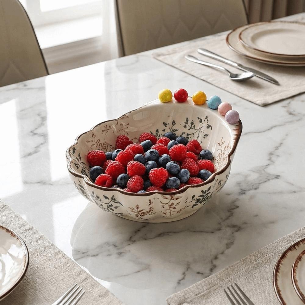 Large Capacity Fruit Bowl with Fork Ceramic Dessert Salad Bowl Luxury Snack Plate Coffee Table