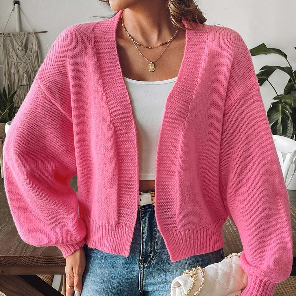 Women's Solid Color Knitted Sweater With Sleeves,casual Sweater Jacket