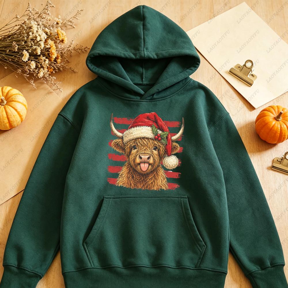 Merry Christmas Highland Cow Graphic Hoodies Women Vintage Winter Warm Sweatshirts Casual Loose Pullover Xmas Clothes