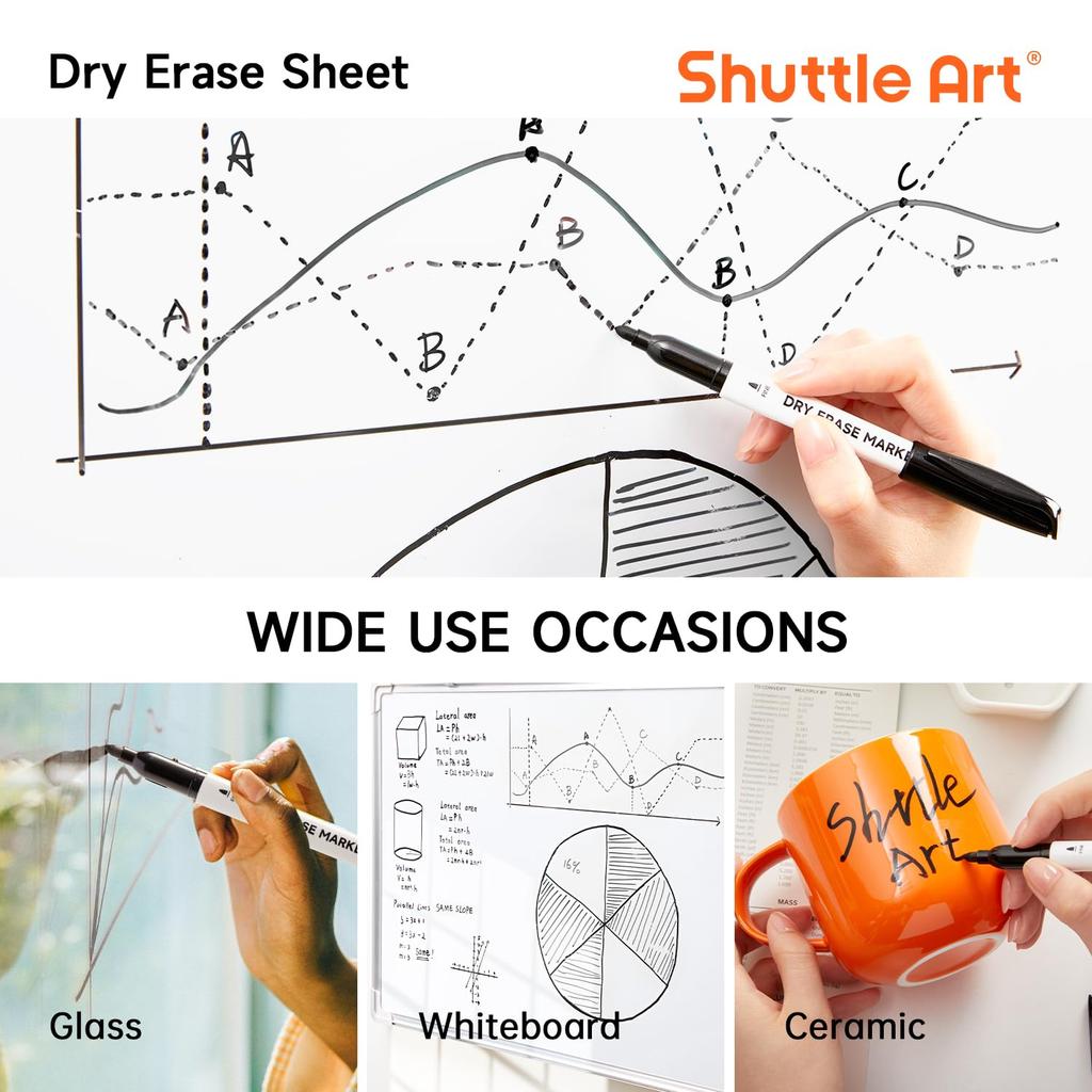 Shuttle Art Erasable Whiteboard Black Fine Tip for and LED Ideal for and Markers, 16-Pack, Ink, (1.5mm), Whiteboards, Glass, Plastic, Signs, Offices,
