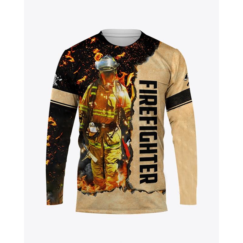 Осенняя мужская футболка с круглым вырезом и графическим принтом пожарного, повседневный пуловер большого размера с длинными рукавами, модная уличная мужская одежда
