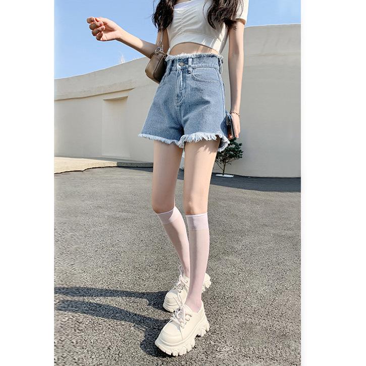 Women's Summer High-Waisted Wide-Leg Frayed Denim Shorts - Trendy Petite A-Line Hot Pants