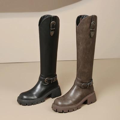 Модные коричневые ковбойские сапоги в стиле вестерн для женщин, высокие сапоги до колена, металлическая пряжка на толстом каблуке, толстая подошва, высокие рыцарские сапоги