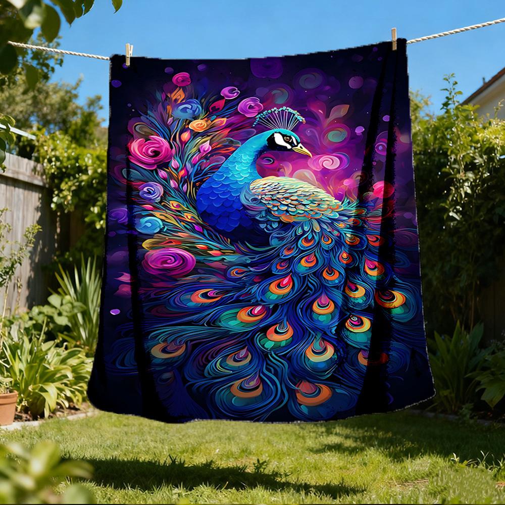 1pc Peacock Feather Artwork Throw Blanket Polyester Fiber, Lightweight Flannel, Soft & Warm, All Season Use for Outdoor, Camping Digital Print