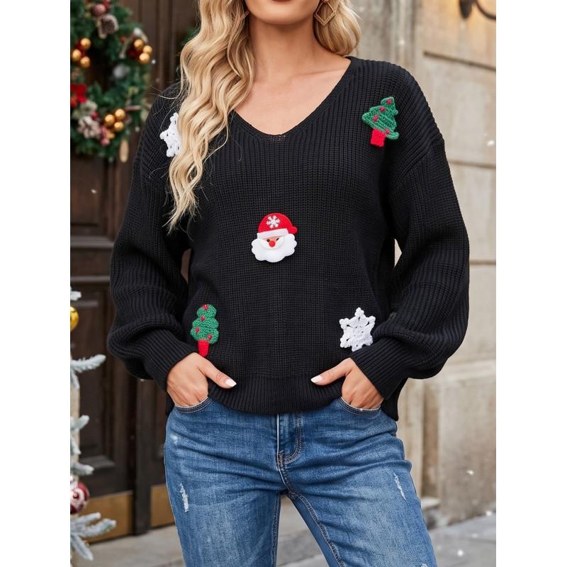 Женский Рождественский Свитер 2026 Зимний Вязаный Пуловер С Мотивом Головы Санты Уличный Стиль V-образный Вырез Длинный Рукав