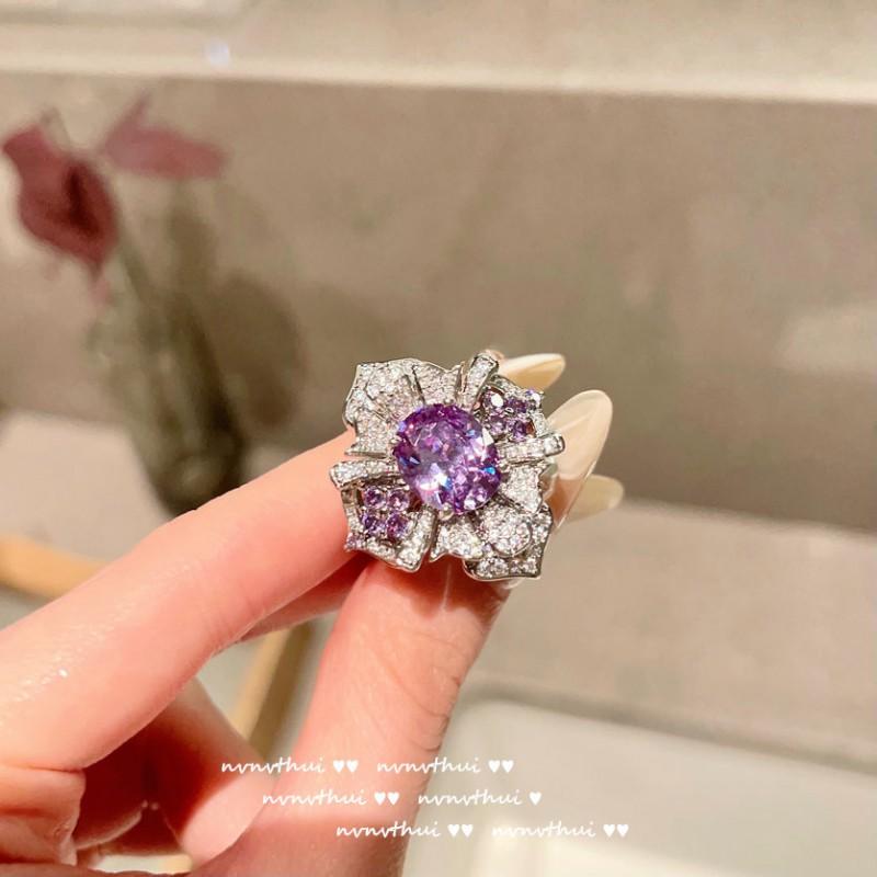 Винтажное Цветочное Кольцо с Фиолетовым Кубическим Цирконием Покрытие 18K Золото Регулируемое Открытое Кольцо Женское