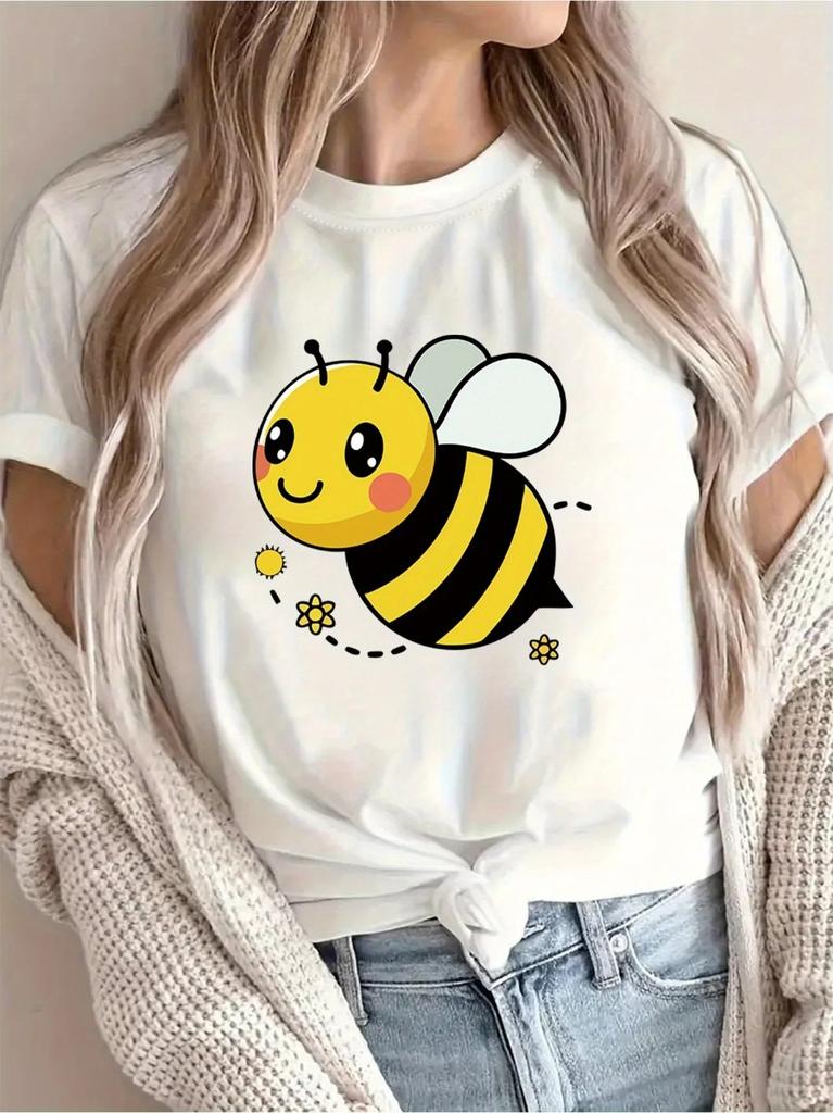 1pc Love Cartoon Bee Printed Breathable Round Neck Tshirt Summer Round Short Sleeves for Both Men and Women